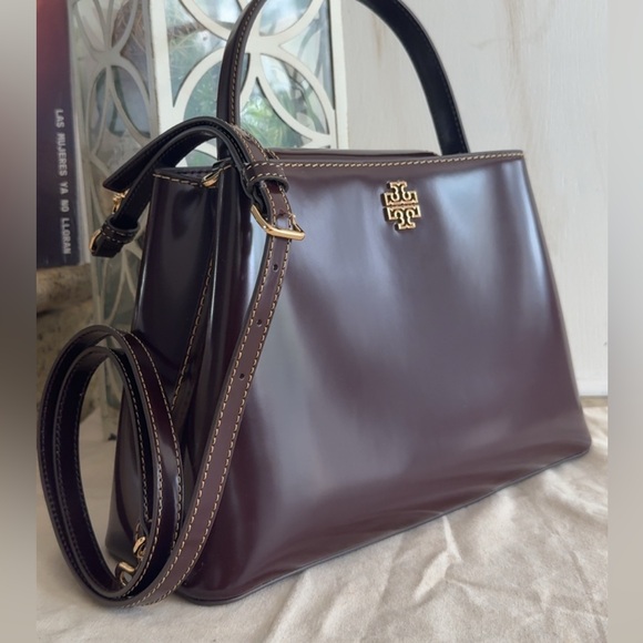 New 900+! Tory Burch BRITTEN SMOOTH SATCHEL & Matching Wallet TEMPRANILLO / Gold - Picture 5 of 15